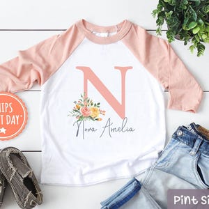 Personalized Name Floral Raglan - Girls Custom Name Shirt  - Pink Flowers Girls Shirt - Baby Name Toddler Shirt Unique Girl clothes