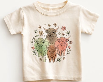 Highland Cows Floral Kids Shirt - Cute Boho Highland Cattle Toddler Tee