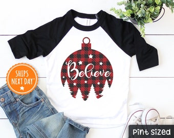 Believe Christmas Kids Shirt - Red Buffalo Plaid Toddler Shirt- Simple Christmas Kids Shirts