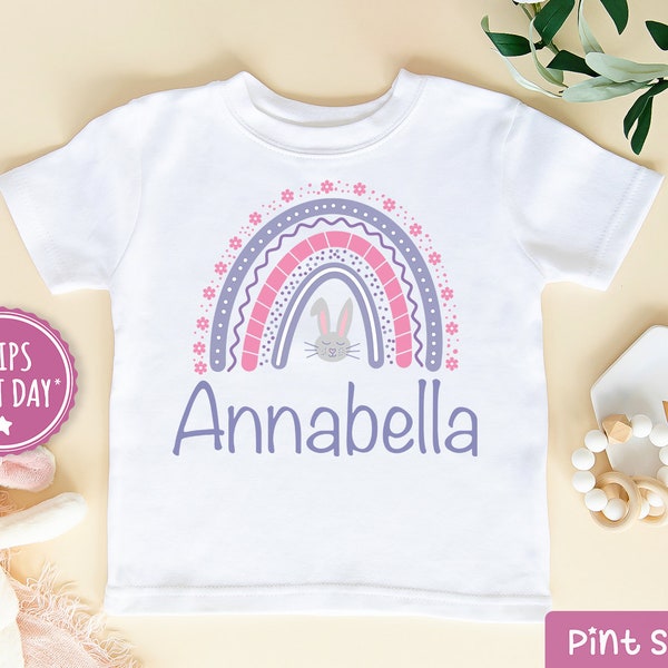 Personalized Easter Girls Shirt - Cute Bunny Rainbow Toddler Shirt - Custom Name Girl Baseball Tee