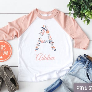 Personalized Floral Toddler 3/4 Raglan Custom Toddler Shirt Girl Flowers Toddler Girl Toddler Name Shirt Girl image 1