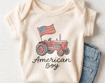 American Boy Baby Onesie - Cute Patriotic Tractor Bodysuit for Baby Boys