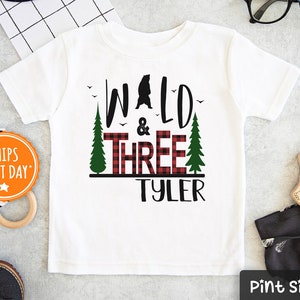 Personalized Birthday Boy Shirt 3/4 Baseball Shirt - Wild and Three Boy Shirt - Third Birthday Boy Buffalo Plaid Outfit