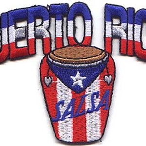 May include: Embroidered patch featuring the words "Puerto Rico" in red, white, and blue, with a red, white, and blue conga drum with the word "Salsa" in blue.