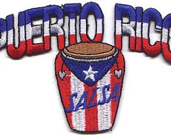 May include: Embroidered patch featuring the words "Puerto Rico" in red, white, and blue, with a red, white, and blue conga drum with the word "Salsa" in blue.