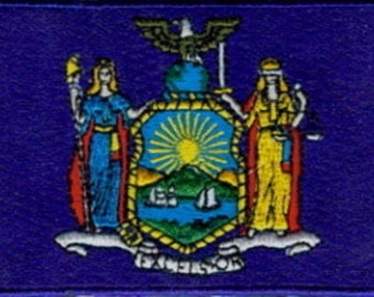 May include: Embroidered patch featuring the New York State coat of arms on a navy blue background. The emblem includes a shield with a sun, mountains, and ships, flanked by figures in blue and yellow robes, with the word "EXCELSIOR" at the bottom.
