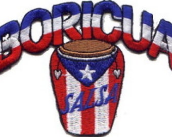 May include: Embroidered patch with the word "BORICUA" in red, white, and blue, with a red, white, and blue striped drum with a Puerto Rican flag and the word "SALSA" in blue.