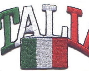 May include: Embroidered patch with the word "ITALIA" in green, white, and red letters. The letters are arranged in an arc shape with a small Italian flag in the center.