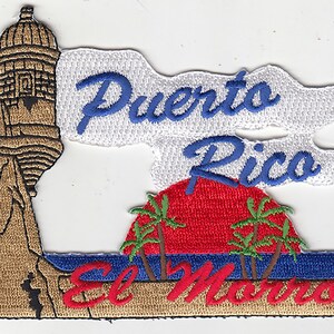 May include: Embroidered patch featuring a brown silhouette of a fort, a red sunset with palm trees, and the text "Puerto Rico El Morro" in blue and red.