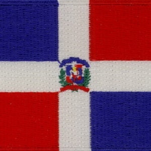 May include: A Dominican Republic flag patch with a blue, white, and red design. The flag features the national coat of arms in the center.