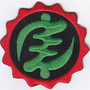 May include: Green and black embroidered patch with a red border. The patch features the Adinkra symbol Sankofa, which represents the importance of learning from the past.
