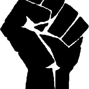 May include: A black and white graphic of a raised fist, a symbol of solidarity and resistance. The fist is rendered in solid black, with white spaces defining the knuckles and the outline of the hand. The image is set against a white background.