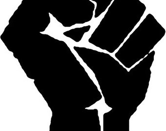 May include: A black and white graphic of a raised fist, a symbol of solidarity and resistance. The fist is rendered in solid black, with white spaces separating the fingers and knuckles, and a white background.