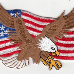 May include: Embroidered patch featuring a brown eagle with outstretched wings, clutching a yellow talon. The eagle is set against a backdrop of the American flag, with red and white stripes and a blue field of stars.