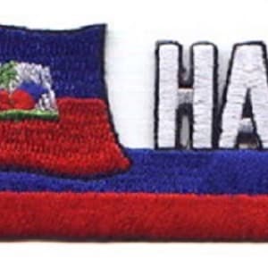 May include: Embroidered patch with the Haitian flag and the word "HAITI" in white letters. The flag is blue, red, and has a coat of arms with a palm tree and a shield.