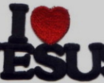 May include: Embroidered patch with the words "I love Jesus" in black lettering and a red heart.