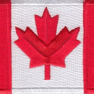 May include: A red and white Canadian flag patch with a red maple leaf in the center.