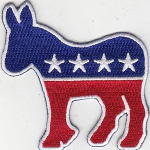 May include: A blue and red embroidered donkey with five white stars. The donkey is a political symbol.