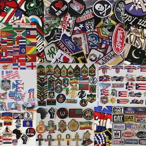 Puede incluir: Una colección de parches bordados con varios diseños, incluyendo banderas, insignias militares y logotipos. Los parches presentan una variedad de colores y formas, con texto como "USA", "New York" y "Ford".