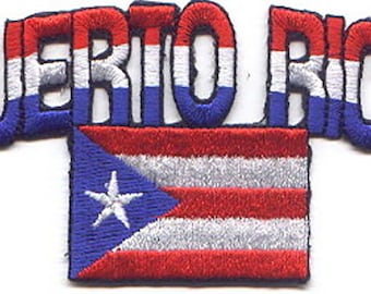 May include: Embroidered patch with the words "PUERTO RICO" in red, white, and blue lettering. The patch also features the Puerto Rican flag with red, white, and blue stripes and a white star.