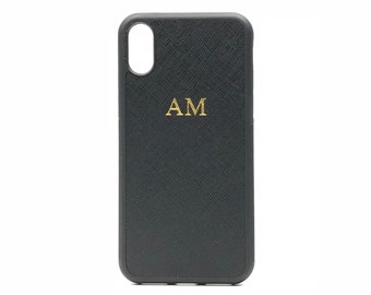 iPhone X/XS Personalised Monogrammed Phone Case. Saffiano Leather - Black