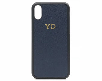 iPhone X/XS Personalised Monogrammed Phone Case. Saffiano Leather - Navy