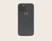 Personalised iPhone 12 iPhone 13 case with card slot Monogrammed Black Saffiano VEGAN Leather Case.