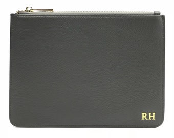 Personalised Monogrammed Pebble Leather Pouch - Dark Grey