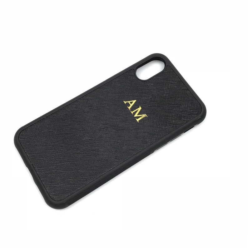 iPhone X/XS Personalised Monogrammed Phone Case. Saffiano Leather - Black image 2