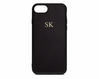 Personalised iPhone 7/8 7/8 PLUS case. Monogrammed Black Saffiano Leather Case.