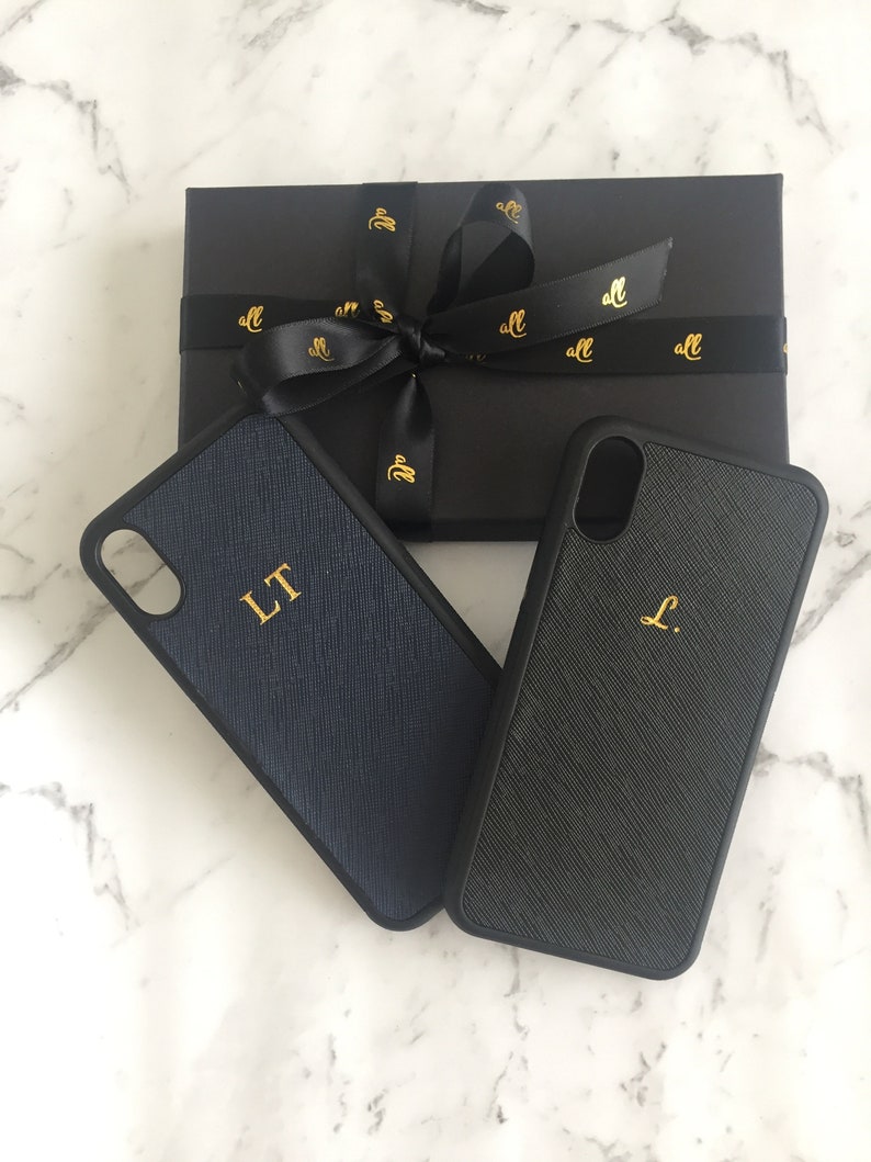 iPhone X/XS Personalised Monogrammed Phone Case. Saffiano Leather - Black image 4