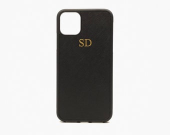 Personalised iPhone 13 case. Monogrammed Black Saffiano Leather Case.