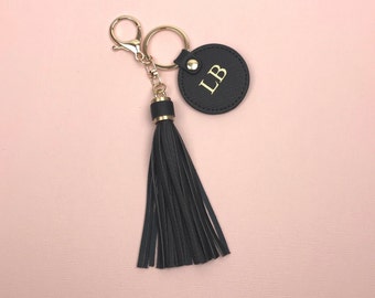 Personalised Leather Keyring with Tassel | Black Leather Keychain | Personalised Gift