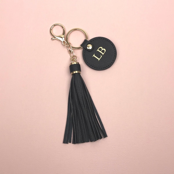 Personalised Leather Keyring with Tassel | Black Leather Keychain | Personalised Gift