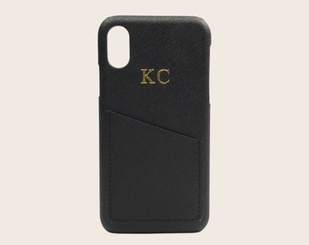 Personalised iPhone case with card slot. Monogrammed Black Saffiano Leather Case.