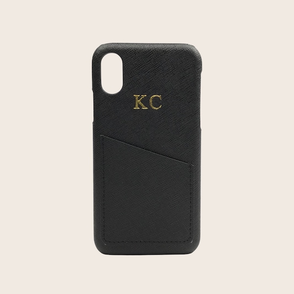 Personalised iPhone case with card slot. Monogrammed Black Saffiano Leather Case.