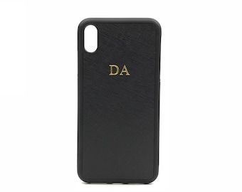 iPhone XS Max Phone Case. Personalised Momogrammed Saffiano Leather - Black