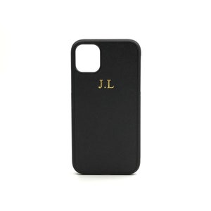 Personalised iPhone 12 case. Monogrammed Black Saffiano Leather Case.