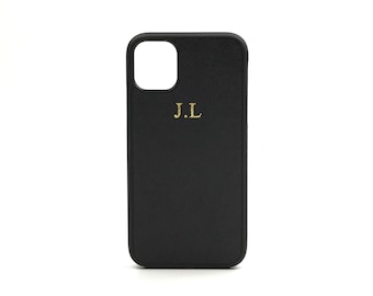 Personalised iPhone 11 case. Monogrammed Black Saffiano Leather Case.