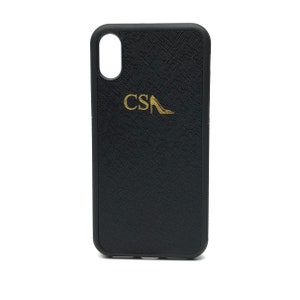 iPhone X/XS Personalised Monogrammed Phone Case. Saffiano Leather - Black image 3