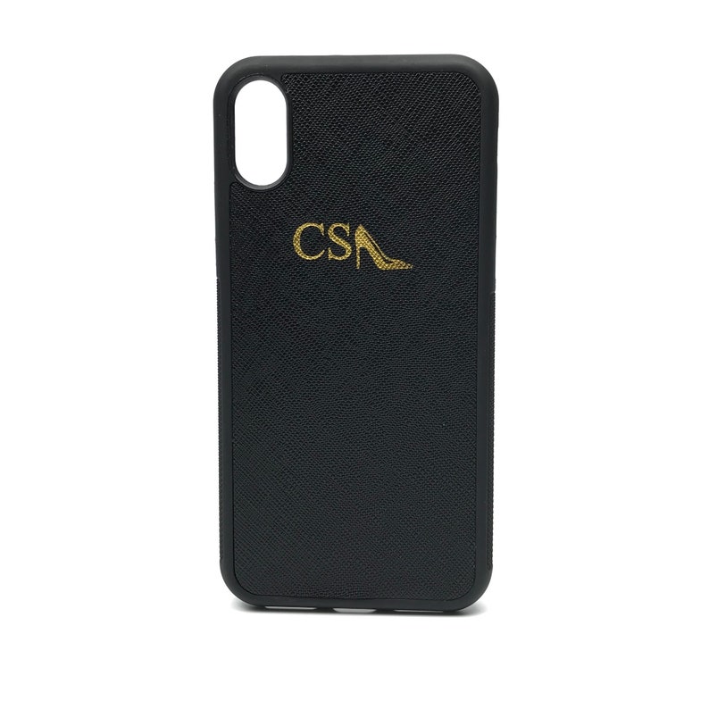 iPhone X/XS Personalised Monogrammed Phone Case. Saffiano Leather - Black image 3