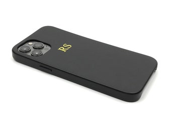 Personalised iPhone 12 case. Monogrammed Black VEGAN leather case