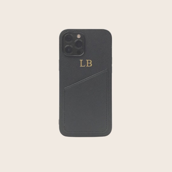 Personalised iPhone 12 | iPhone 13 | iPhone 14 case with card slot | Monogrammed Black Saffiano VEGAN Leather Case.