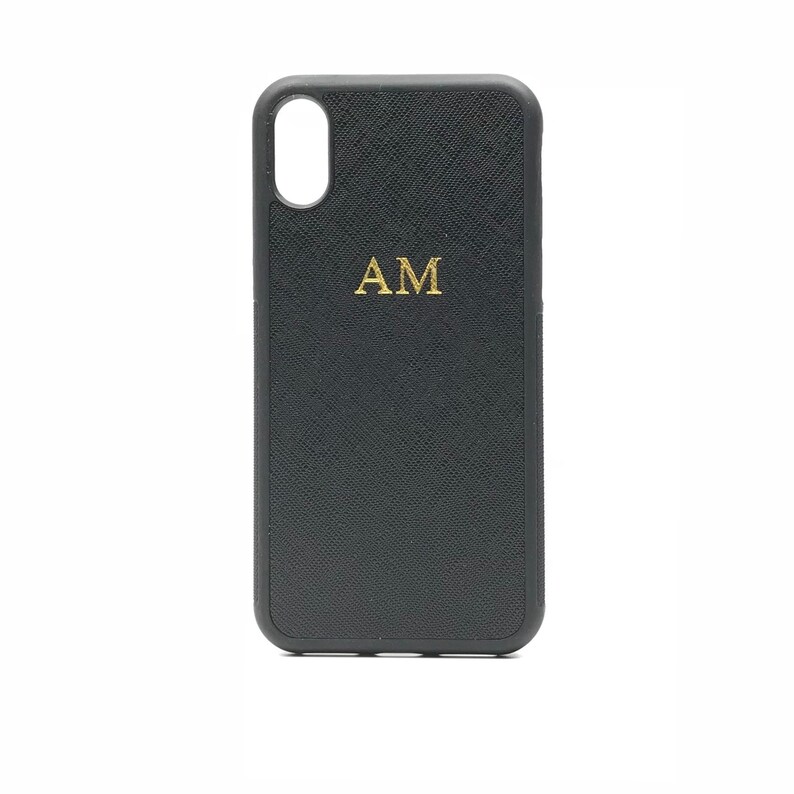 iPhone X/XS Personalised Monogrammed Phone Case. Saffiano Leather - Black image 1