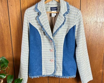 Veste blazer Forenza vintage en tweed et denim à franges techniques mixtes bleu havane taille 8
