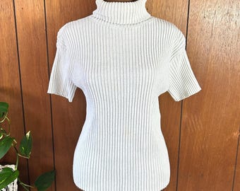 vintage Basic Editions 1996 - Pull côtelé à col roulé et manches courtes en coton