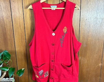 vintage Débardeur en tricot de coton rouge pour femme Art floral à porter avec poches boutonnées 1X