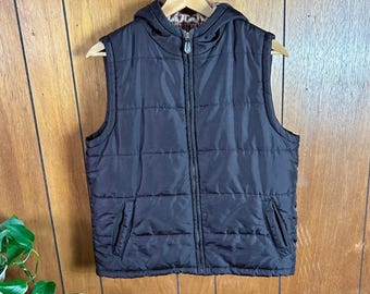 vintage Gilet matelassé à capuche doublé angora noir George Marron chocolat moyen