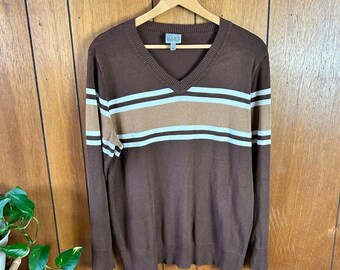 vintage The Slope Junior Plus - Pull rayé marron à col en V 1X Style vintage