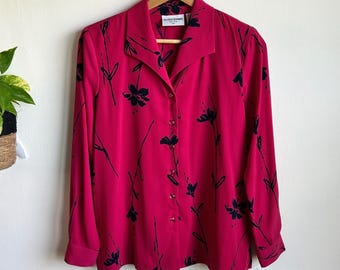 vintage Alfred Dunner Petite - Chemisier boutonné à fleurs rose magenta noir décontracté